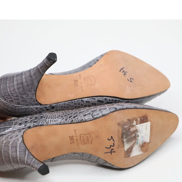 Vintage David' Croco Embossed Leather Point Toe Pumps Grey 80s Italy - Picture 6 of 9